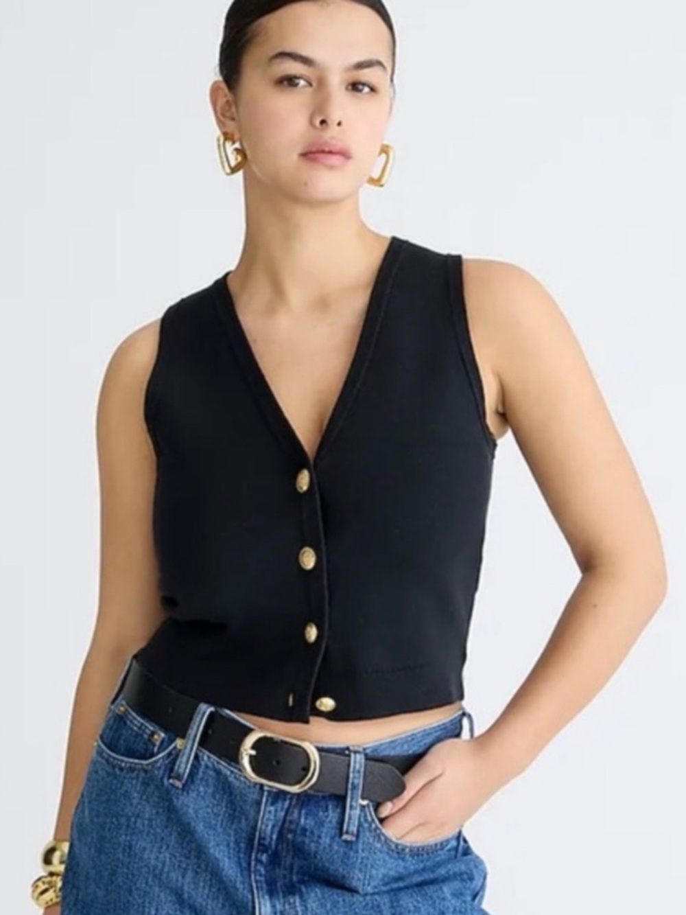 J. Crew Black V-Neck Knit Tank with Gold Buttons